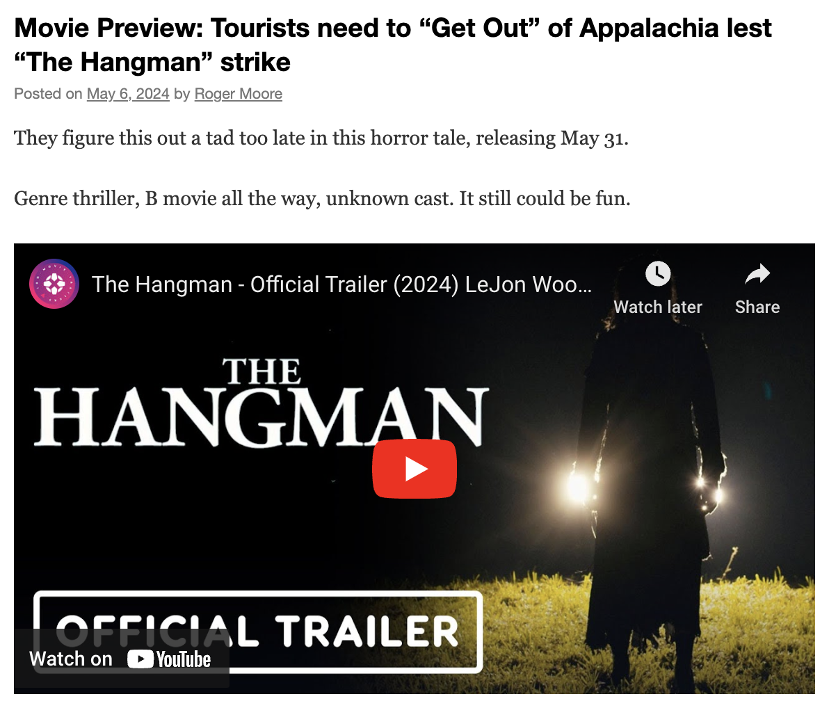 Movie Preview: Tourists need to “Get Out” of Appalachia lest “The Hangman” strike